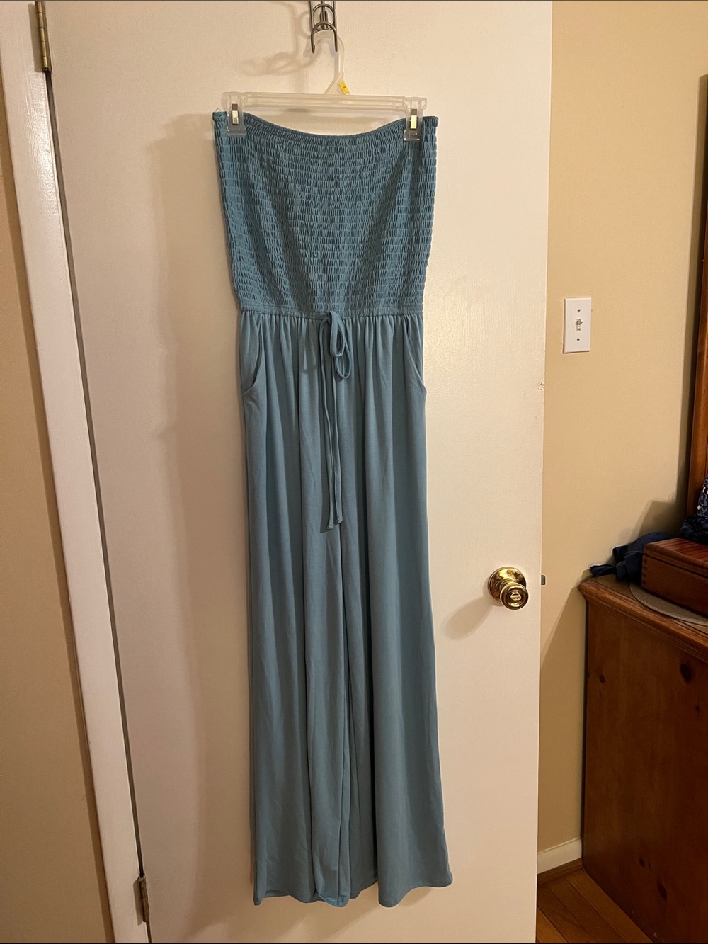 Zenana Strapless Smocked Bodice Wide-Leg Jumpsuit in Dusty Blue